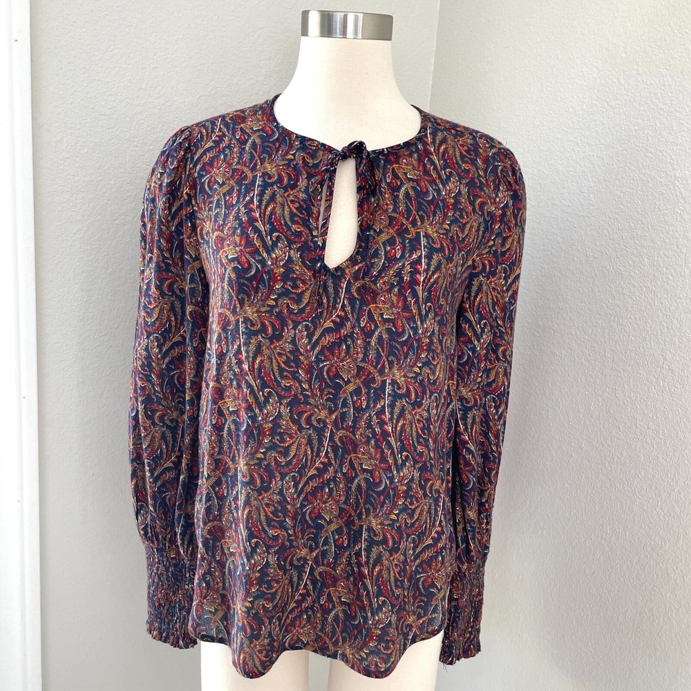 Lucky Brand Womens Small Floral Long Sleeve Top Front Tie Neck Shirt Blouse